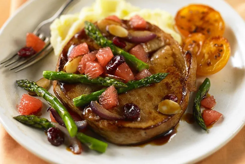 Ruby Glazed Pork Chops with Grapefruit & Asparagus Relish