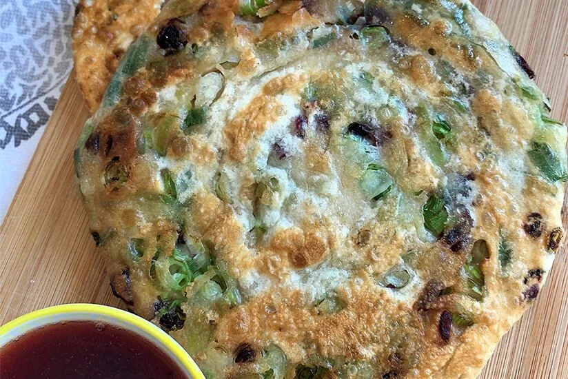 Scallion Pancakes with Cranberry Soy Dipping Sauce