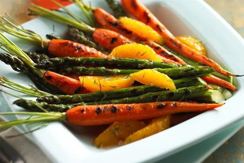 Grilled Asparagus and Carrots with Grapefruit Dill Sauce