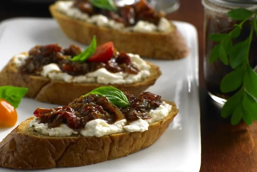 Burrata Crostini with Spicy Grapefruit-Tomato Jam