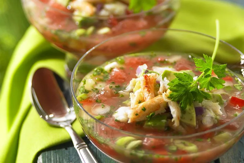 Fire and Ice Grapefruit Gazpacho with Crabacado Relish