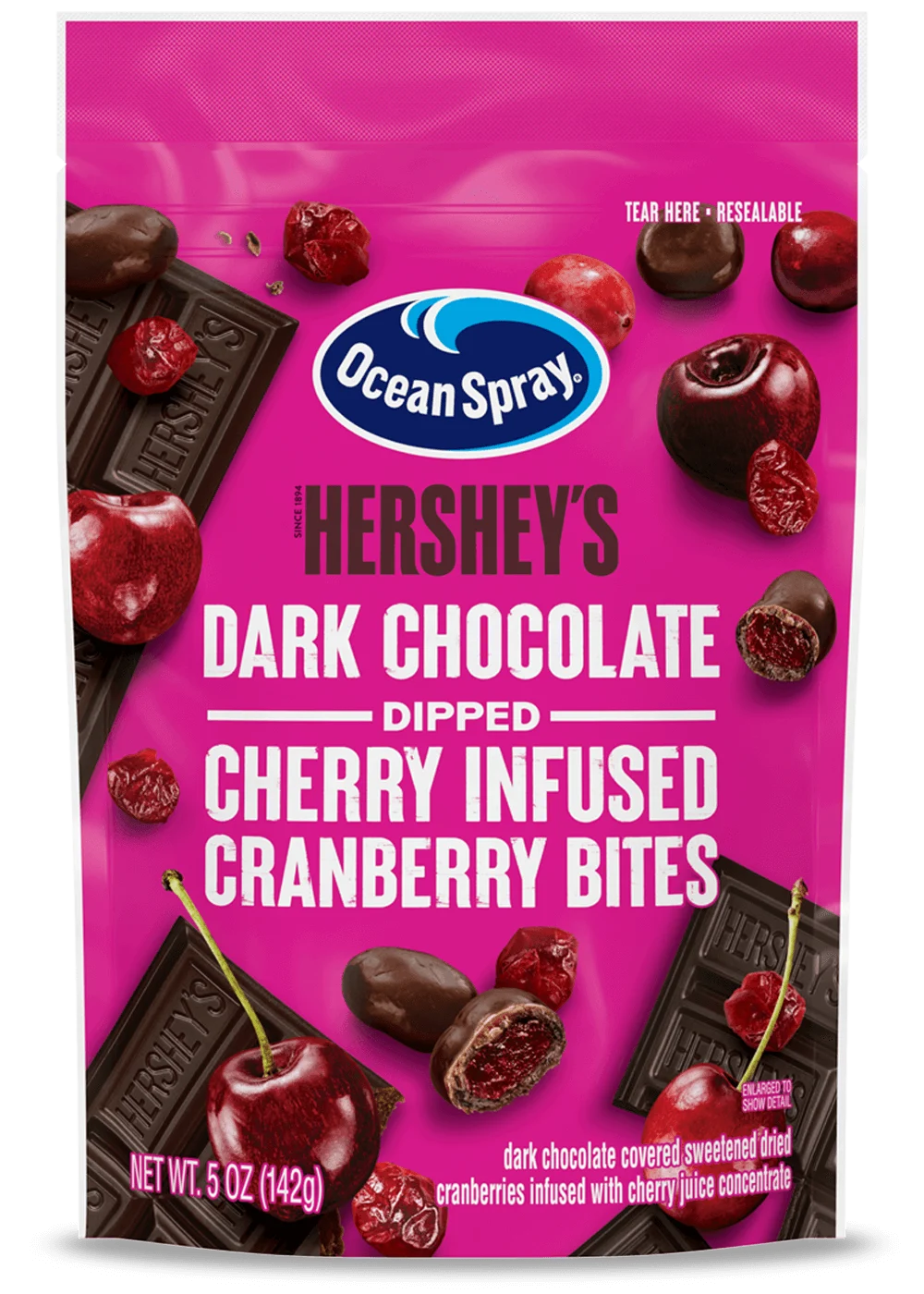 Ocean Spray® HERSHEY’S Dark Chocolate Cherry Dipped Cranberry Bites front image.