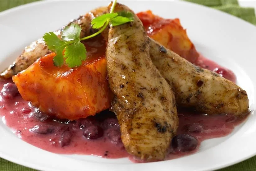 Jerk Chicken with Cranberry Coconut Sauce & Chili Pineapple