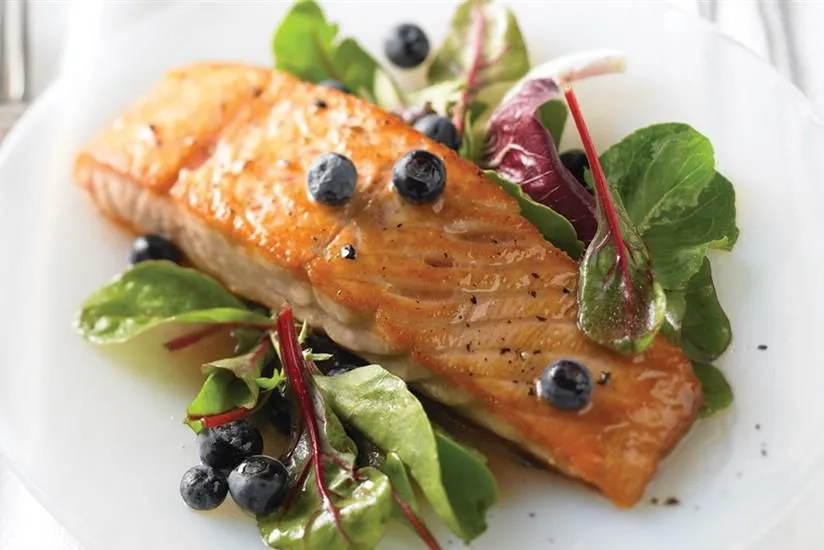 Salmon with Cranberry-Blueberry Vinaigrette and Baby Greens