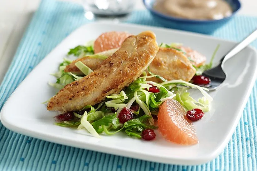 Ruby-Kissed Chicken Fingers with Ruby Cranberry Slaw