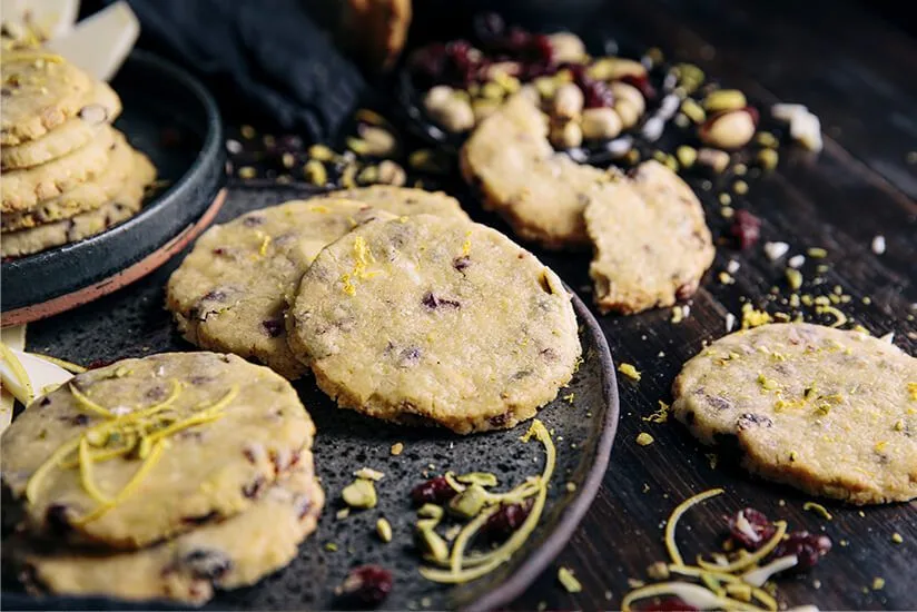 Craisins® Dried Cranberries, Lemon, Pistachio & White Chocolate Shortbread Cookies