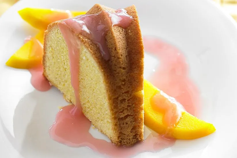 Cornmeal Pound Cake with Cranberry-Mango Bourbon Sauce