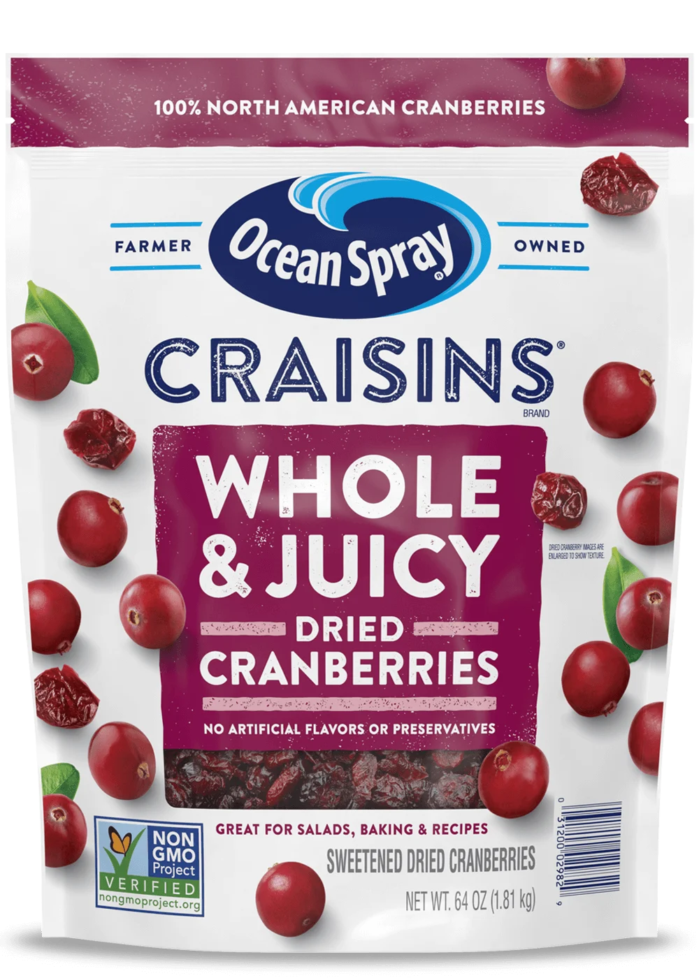 Craisins® Whole & Juicy Dried Cranberries front image.