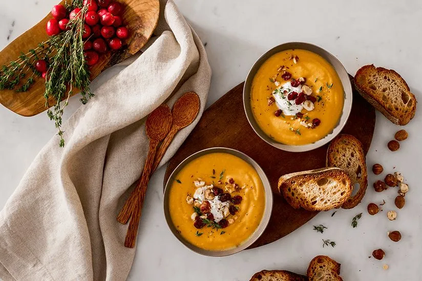 Kabocha Squash Soup with Cranberry & Toasted Hazelnuts