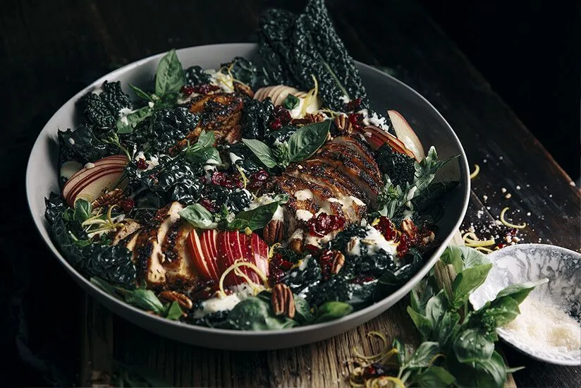 Kale, Apple & Craisins® Dried Cranberries Salad with Smokey Chicken & Creamy Garlic Yogurt Dressing